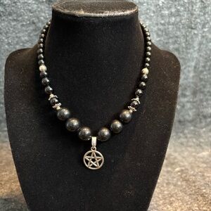 Black Onyx & Steel Beaded Necklace with Pentagram Pendant